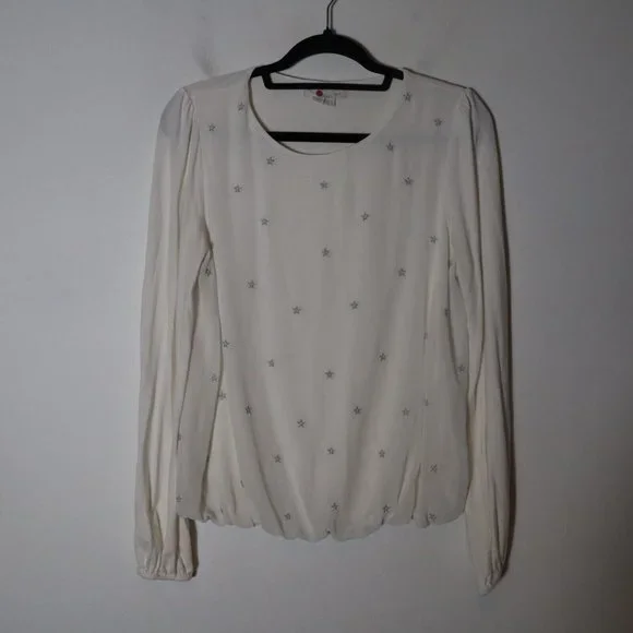 Boden Tori Embroidered Top Metallic Silver Stars Size 8 Bubble Sleeves - Picture 2 of 7